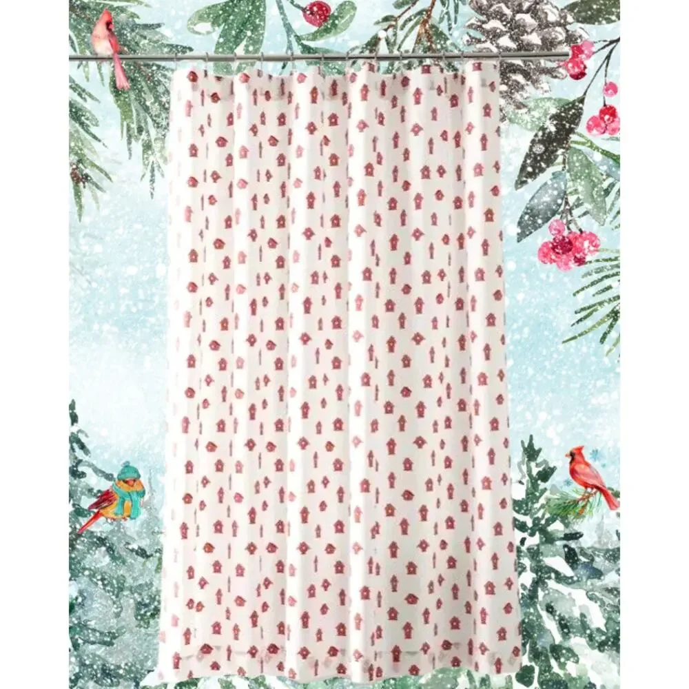 Garnet Hill Garden Birdhouses Shower Curtain, Coral Orange White Whimsical